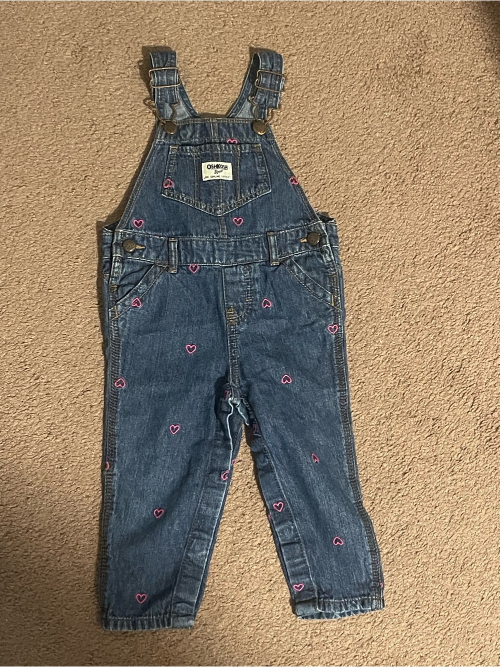 OshKosh B'gosh Blue Denim Overalls with Pink Heart Embroidery